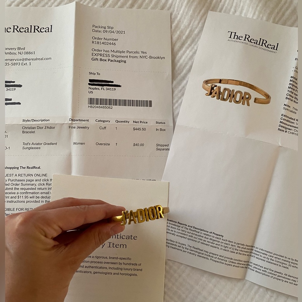 Christian Dior J’Adior gold bracelet with receipt